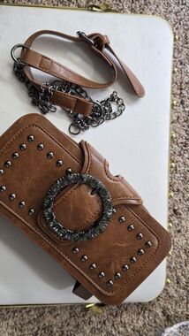 Brown Studded Buckle Folding Women's Clutch Wallet Solid Pattern